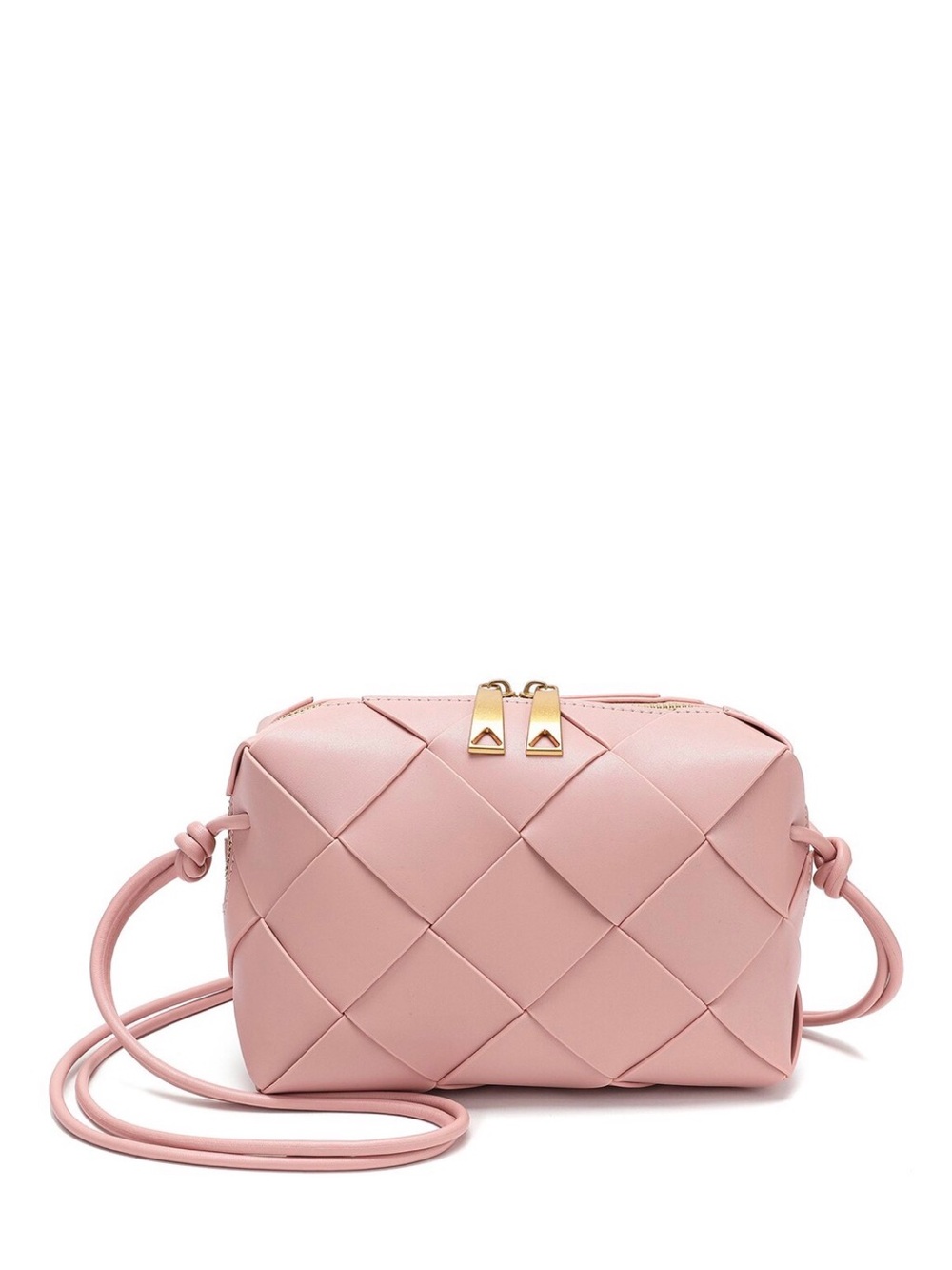 Elegant Woven Crossbody Bag in Soft Pink with Gold Accents